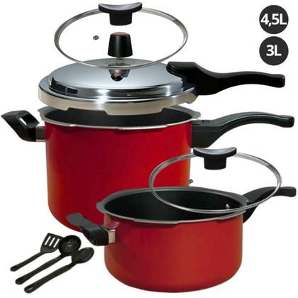 Imagem de Jogo 2 Panela De Pressão 4,5L E 3L Antiaderente Fechamento Externo Multiuso Caçarola Cor Vermelha