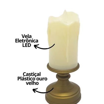 Imagem de Jogo 2 Velas Eletrônica LED Castiçal Ouro Envelhecido 13cm Efeito Moving - Bela Flor