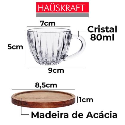 Imagem de Jogo 2 Xícara de Café Vidro Cristal com Pires de Madeira Acácia Montecarlo 80ml Haüskraft Premium