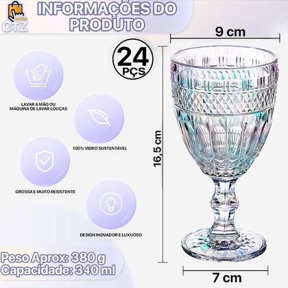 Imagem de Jogo 24 Taças de Vidro Luxo Ametista Rainbow Furtacor 340ml Vinho Água Drinks Grosso Resistente Ametista