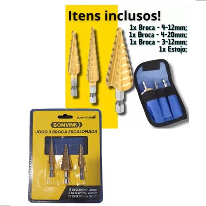 Imagem de Jogo 3 Brocas Escalonadas Titanio 3 a 12  4 a 12  4 a 20mm com Estojo