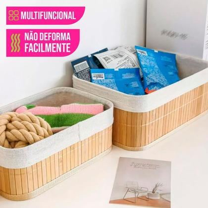 Imagem de Jogo 3 Cestos de Bambu Organizador Multiuso Armário Cozinha Roupas Banheiro Resistente Decoração Caixa Tecido Madeira