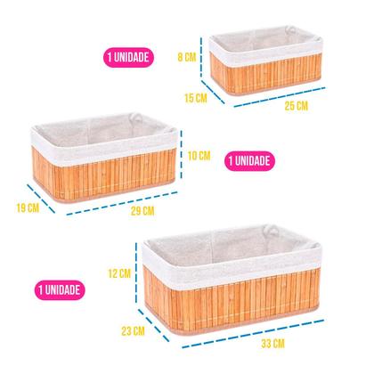 Imagem de Jogo 3 Cestos de Bambu Organizador Multiuso Armário Cozinha Roupas Banheiro Resistente Decoração Caixa Tecido Madeira