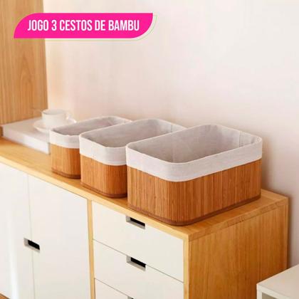 Imagem de Jogo 3 Cestos de Bambu Organizador Multiuso Armário Cozinha Roupas Banheiro Resistente Decoração Caixa Tecido Madeira