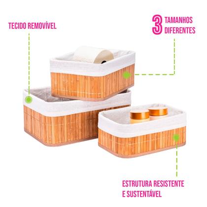 Imagem de Jogo 3 Cestos de Bambu Organizador Multiuso Armário Cozinha Roupas Banheiro Resistente Decoração Caixa Tecido Madeira