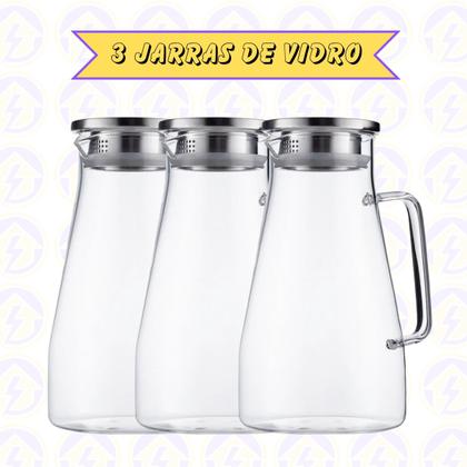 Imagem de Jogo 3 Jarras Vidro Transparente Medio 1,7L Com Tampa Aço Inox