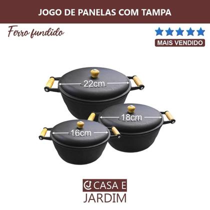 Imagem de Jogo 3 Panela Caçarola Ferro Com Alça Madeira Com Tampa Nº 2