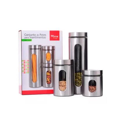 Imagem de Jogo 3 Potes Tampa Rosca Para Mantimentos Vidro E Aço Inox porta condimentos temperos comida açucar, cafe cozinha casa