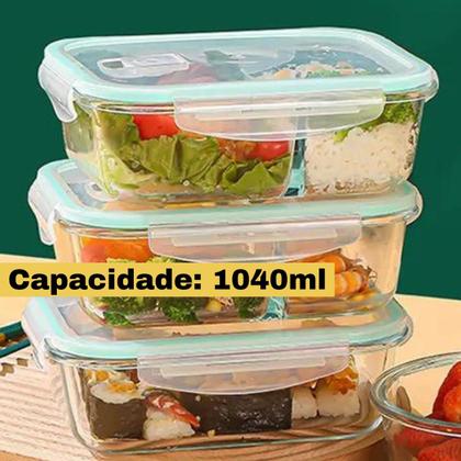 Imagem de Jogo 3 Potes Vidro Grande 1040ml Com Tampa Hermética, Marmita Fitness Para Refeições Armazenar Mantimentos- Vasilha Transparente