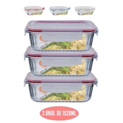 Imagem de Jogo 3 Potes Vidro Hermetico Retangular Canelado 1520ml