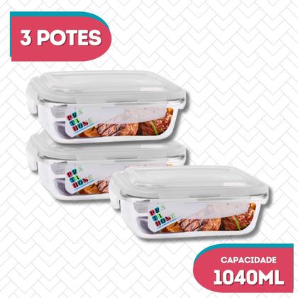Imagem de Jogo 3 Potes Vidro Retangular 1040ml Tampa Com Travas Resistentes
