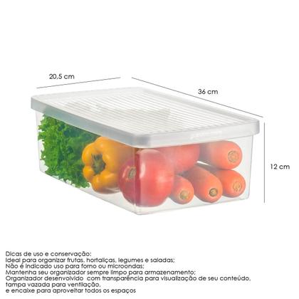 Imagem de Jogo 4 Caixas Organizadoras Média Frutas Verduras Legumes Saladas Plástica Tampa Multiuso Retangular Kit Transparente Casa Geladeira Organizador Pia