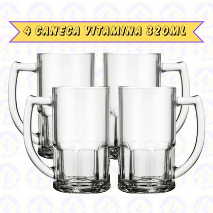 Imagem de Jogo 4 Canecas Vidro Vitamina 320ML Resistente Chopp Drinks 