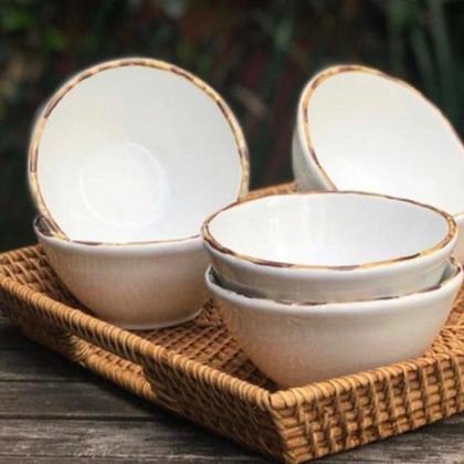 Imagem de Jogo 4 Pratos Rasos 4 Sobremesas 4 Bowls Borda Bambu Cerâmica 1ª Linha Scalla
