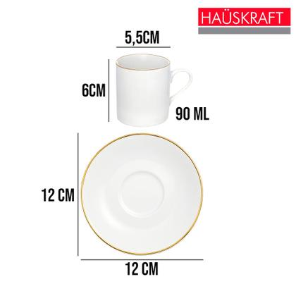 Imagem de Jogo 4 Xícara de Café Porcelana Borda Dourada com Pires Royal Premium 90ml Haüskraft