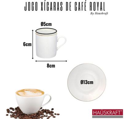 Imagem de Jogo 4 Xicaras Café Com Pires Royal Porcelana Borda Dourada 90ml - Hauskraft