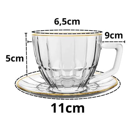 Imagem de Jogo 4 Xícaras com Pires Cristalle 90ml em Vidro com Borda Dourada  Ideal para Café e Mesa Posta