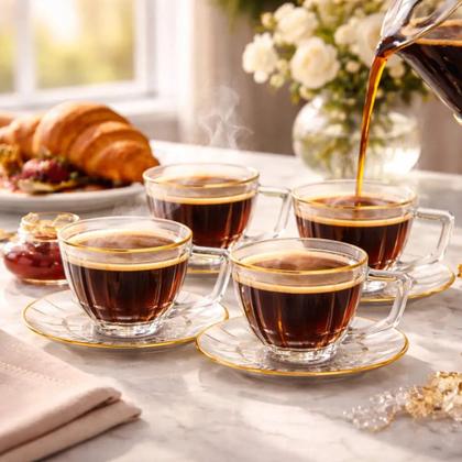 Imagem de Jogo 4 Xícaras com Pires Cristalle 90ml em Vidro com Borda Dourada  Ideal para Café e Mesa Posta