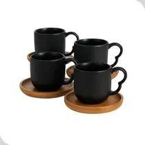 Imagem de Jogo 4 Xicaras de Café Oásis 90ml em Cerâmica Preta e Pires em Bambu Haüskraft