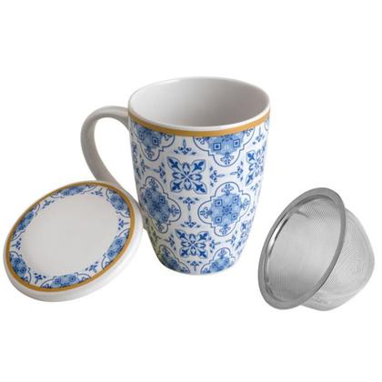 Imagem de Jogo 4 Xícaras de Chá Porcelana Branca com Tampa e Infusor Inox 310ml Lisboa Lyor Azul