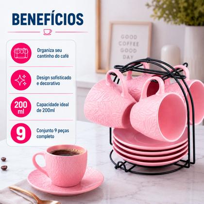 Imagem de Jogo 4 Xícaras Relevo 200ml Com Pires E Suporte Decorativo