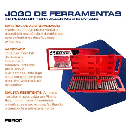 Imagem de Jogo 40 Peças Bits Torx Allen Multidentado Longo e Curto CRV Com Adaptadores Profissional Para Parafusadeiras