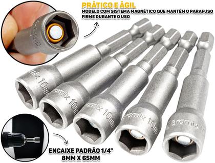Imagem de Jogo 5 Peças Soquete Canhão Magnético Bramix 10mm x 65mm Parafusar C/ Precisão Parafusadeira Construção Reparos
