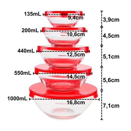 Imagem de Jogo 5 Potes Bowls Tigelas Vasilhas Vidro Com Tampa 135ml 200ml 400ml 550ml 1000ml