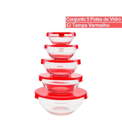 Imagem de Jogo 5 Potes Bowls Tigelas Vasilhas Vidro Com Tampa 135ml 200ml 400ml 550ml 1000ml