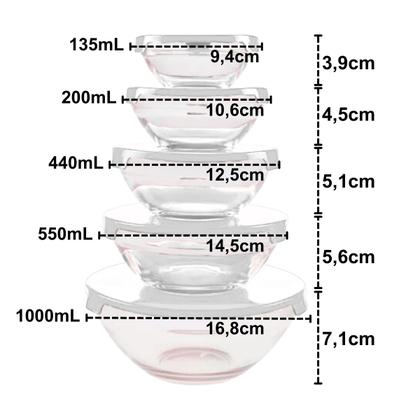 Imagem de Jogo 5 Potes Bowls Tigelas Vasilhas Vidro Com Tampa 135ml 200ml 400ml 550ml 1000ml