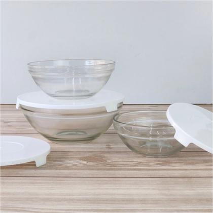 Imagem de Jogo 5 Potes Bowls Tigelas Vasilhas Vidro Com Tampa 135ml 200ml 400ml 550ml 1000ml