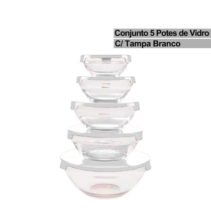 Imagem de Jogo 5 Potes Bowls Tigelas Vasilhas Vidro Com Tampa 135ml 200ml 400ml 550ml 1000ml