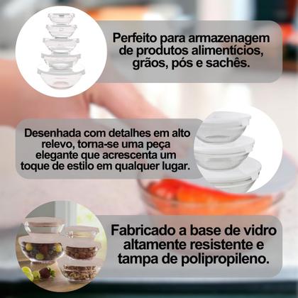 Imagem de Jogo 5 Potes Bowls Tigelas Vasilhas Vidro Com Tampa 135ml 200ml 400ml 550ml 1000ml
