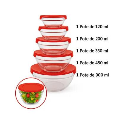 Imagem de Jogo 5 Potes de Vidro c/ Tampa 120ml/200ml/330ml/450ml/900ml