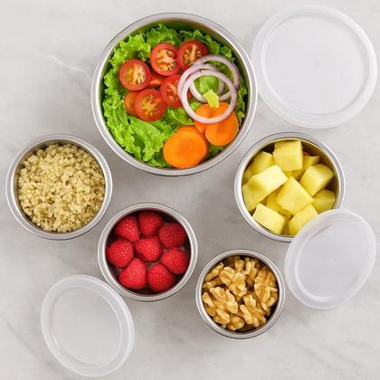 Imagem de Jogo 5 Potes Inox com Tampa Vasilha Conjunto Marmita Refeiçao Fruta Alimento Organizaçao Empilhavel Multiuso