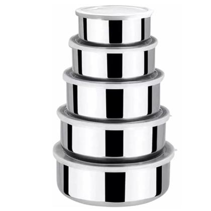 Imagem de Jogo 5 Potes Inox com Tampa Vasilha Conjunto Marmita Refeiçao Fruta Alimento Organizaçao Empilhavel Multiuso