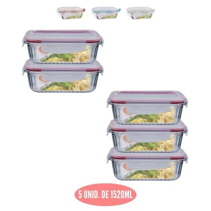 Imagem de Jogo 5 Potes Vidro Hermetico Retangular Canelado 1520ml