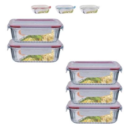 Imagem de Jogo 5 Potes Vidro Hermetico Retangular Canelado 1520ml