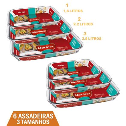 Imagem de Jogo 6 Assadeiras Retangulares Vidro 1,6L 2,2L 2,9L Marinex