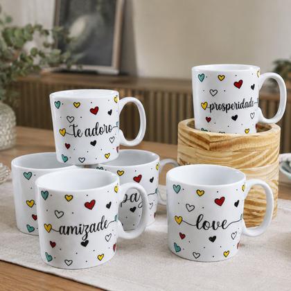 Imagem de Jogo 6 Caneca Xícara Café Expresso Porcelana 100ml Frases Estampa:Corações frases c/ pires