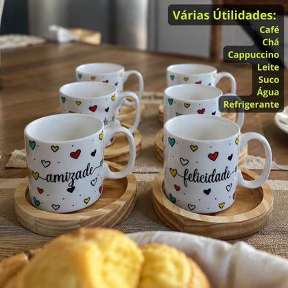 Imagem de Jogo 6 Caneca Xícara Café Expresso Porcelana 100ml Frases Estampa:Corações frases c/ pires