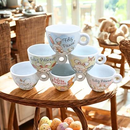 Imagem de Jogo 6 Caneca Xícara Coelho Páscoa Café Expresso Porcelana Estampa:150ml Páscoa