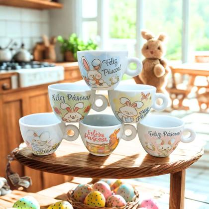 Imagem de Jogo 6 Caneca Xícara Coelho Páscoa Café Expresso Porcelana Estampa:150ml Páscoa