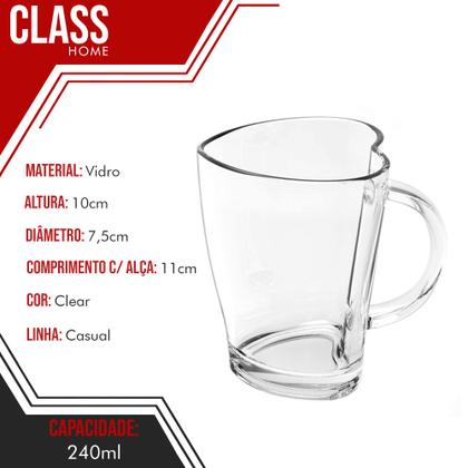 Jogo 6 Canecas Xícara Coração Vidro Chá Café Transparente - CLASS HOME Imagem de Jogo 6 Canecas Xícara Coração Vidro Chá Café Transparente