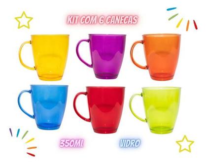 Imagem de Jogo 6 Canecas Xícaras Vidro Resistente 350ml Café Chá