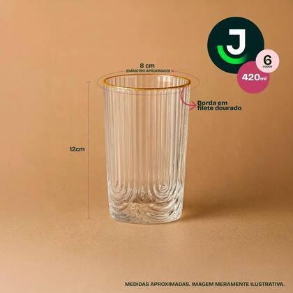 Imagem de Jogo 6 Copos De Vidro Com Borda Dourada Filete Alto 420ml Transparente