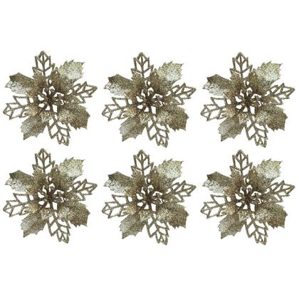 Imagem de Jogo 6 Flores Bico de Papagaio Champanhe Natal Pick Glitter 9cm com Presilha - Magizi