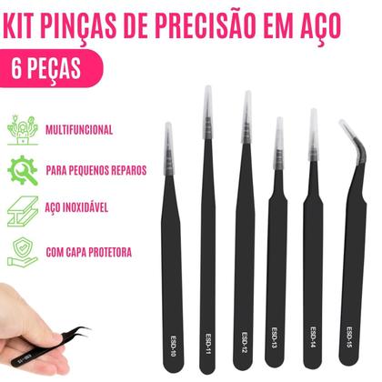 Imagem de Jogo 6 Pinças Profissional Alta Precisão Anti Estática Curva Ferramenta Aço Inoxidável Artesanato Reparo Estética