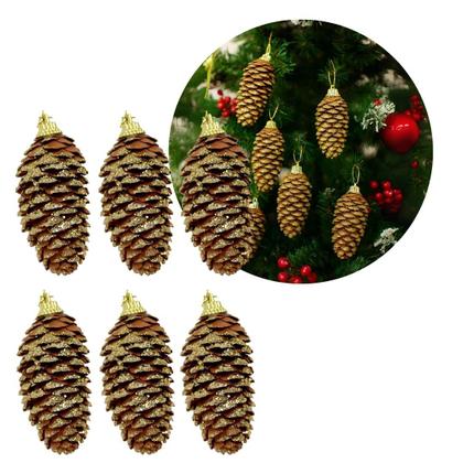 Imagem de Jogo 6 Pinha Natural Pendente Natalina 8,5cm com Glitter Dourado e Cordão para Pendurar