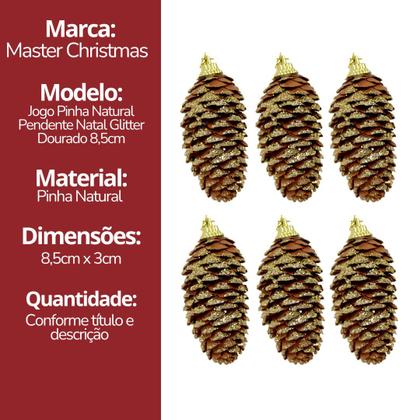 Imagem de Jogo 6 Pinha Natural Pendente Natalina 8,5cm com Glitter Dourado e Cordão para Pendurar